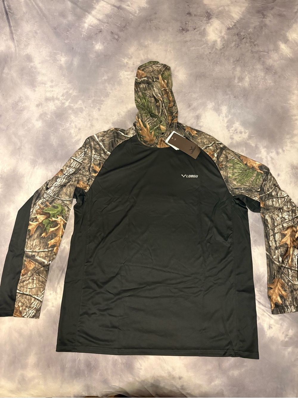 Men’s Black Loogu Hooded Performance Shirt with Camo Sleeves Quick Dry